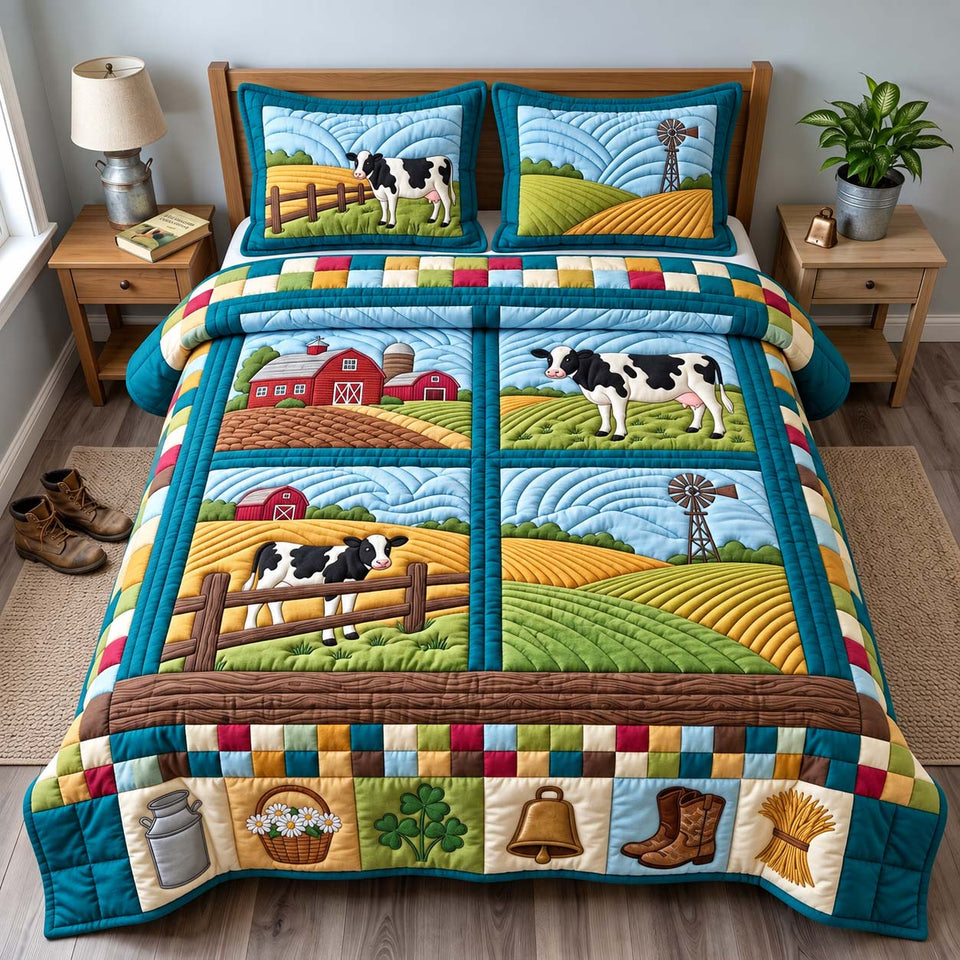 Rolling Farm Fields quilted bedding set, quilt and two pillow shams on a made bed