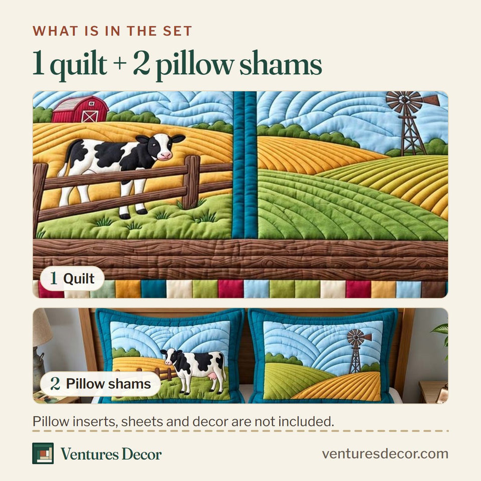 What is in the set: one quilt and two pillow shams, shown in the Rolling Farm Fields Quilt Set, 3-Piece Quilted Bedding with 2 Pillow Shams design