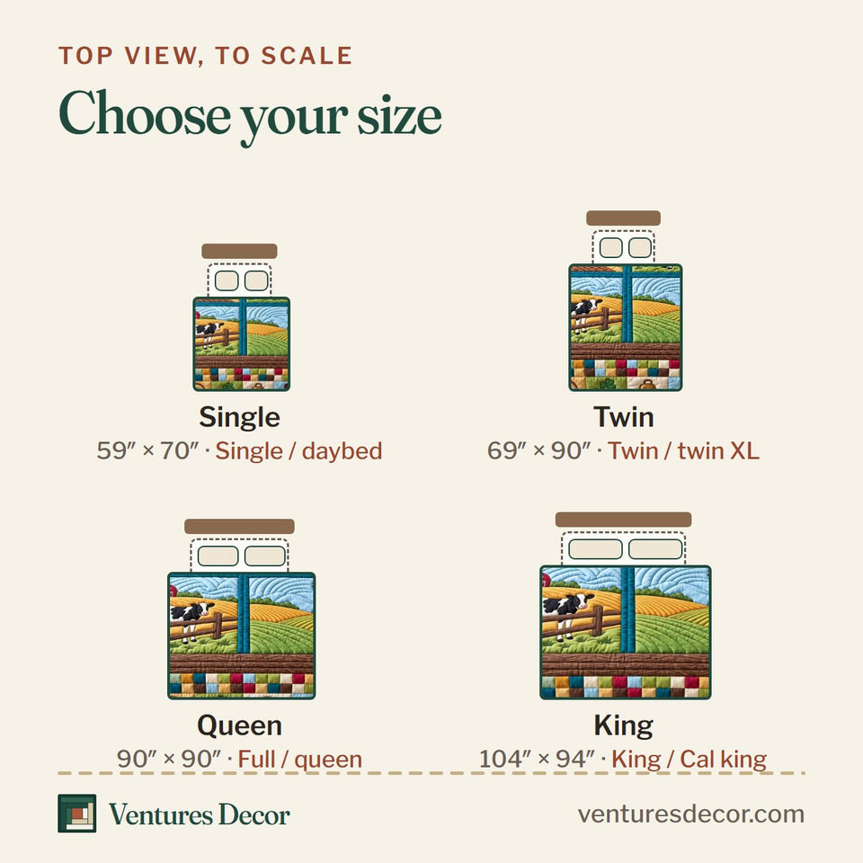 Size guide for the Rolling Farm Fields Quilt Set, 3-Piece Quilted Bedding with 2 Pillow Shams quilt, top view to scale: Single 59 x 70 in, Twin 69 x 90 in, Queen 90 x 90 in, King 104 x 94 in