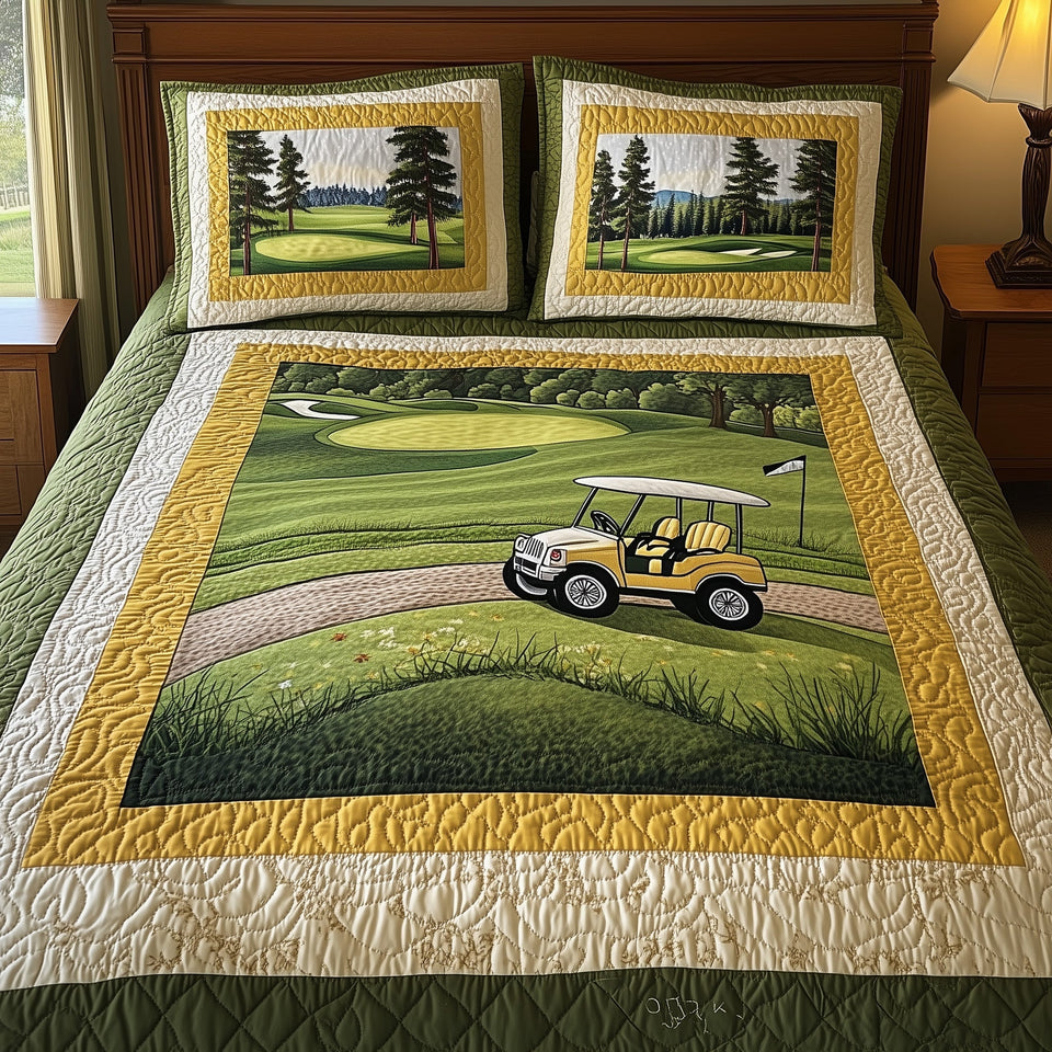 Rolling Through the Pines quilted bedding set, quilt and two pillow shams on a made bed