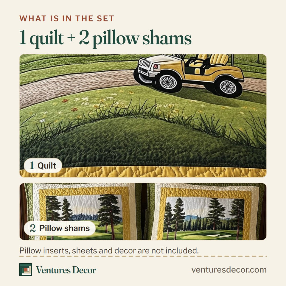 What is in the set: one quilt and two pillow shams, shown in the Rolling Through the Pines design