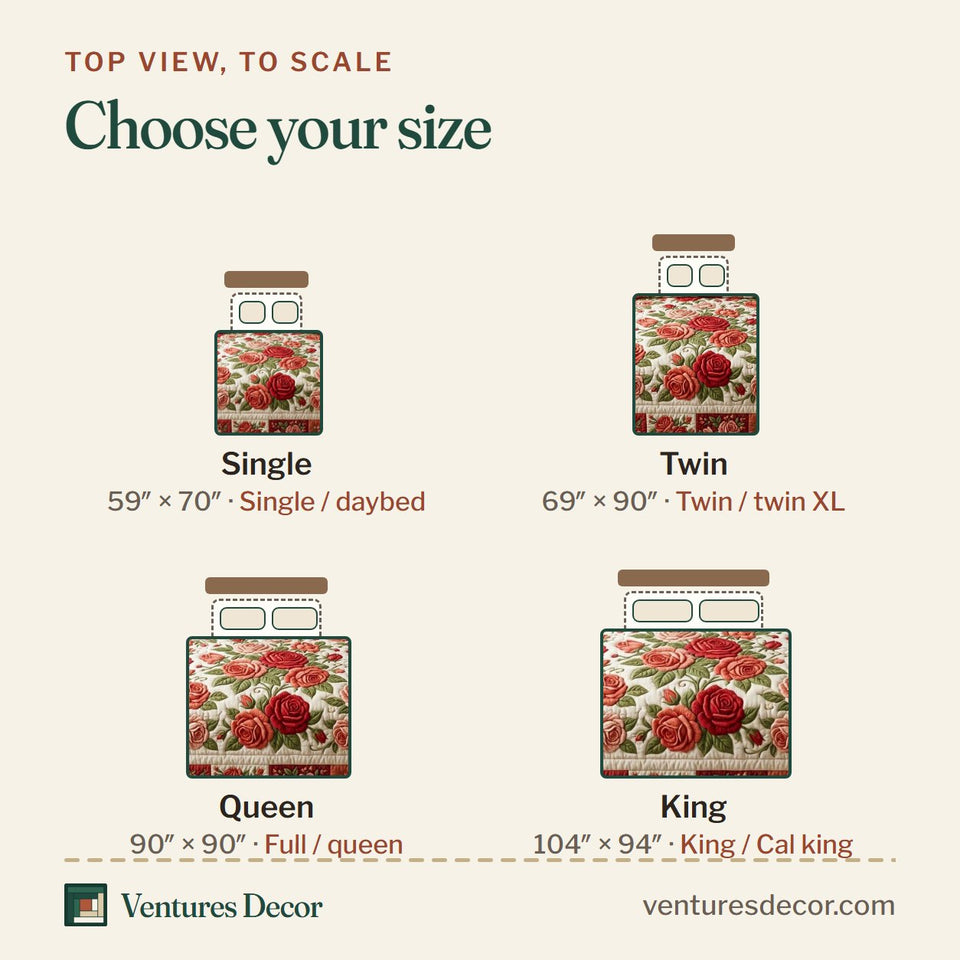 Size guide for the Romantic Blush quilt, top view to scale: Single 59 x 70 in, Twin 69 x 90 in, Queen 90 x 90 in, King 104 x 94 in
