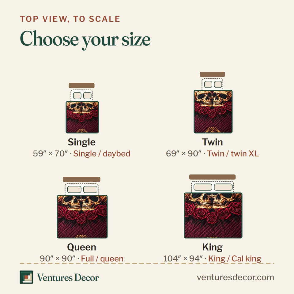 Size guide for the Romantic Gothic Skulls Gilt Frame Wine quilt, top view to scale: Single 59 x 70 in, Twin 69 x 90 in, Queen 90 x 90 in, King 104 x 94 in