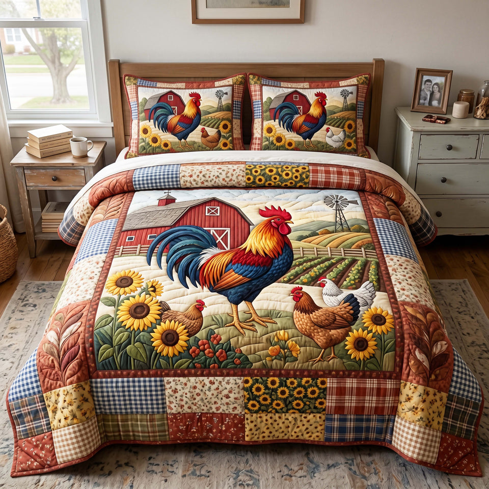 Rooster Harvest quilted bedding set, quilt and two pillow shams on a made bed
