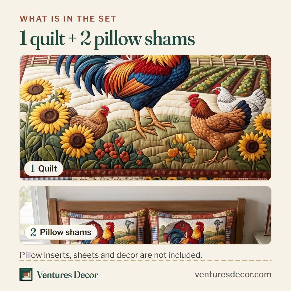What is in the set: one quilt and two pillow shams, shown in the Rooster Harvest design