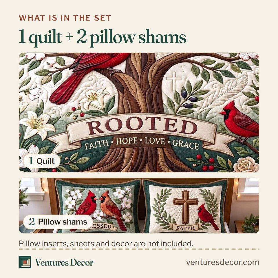 What is in the set: one quilt and two pillow shams, shown in the Rooted Grace design