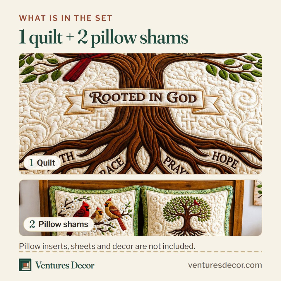 What is in the set: one quilt and two pillow shams, shown in the Rooted in God Cardinal Tree design