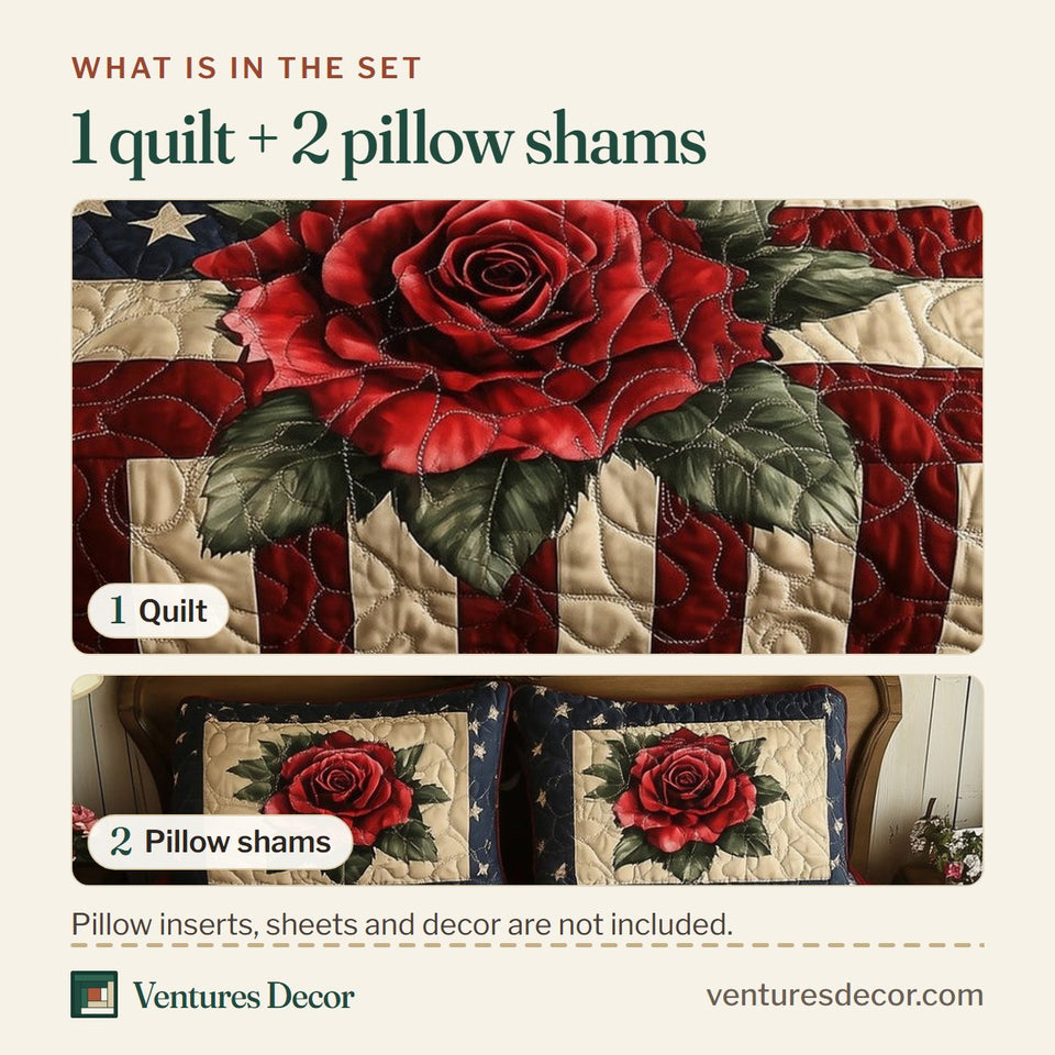 What is in the set: one quilt and two pillow shams, shown in the Rose and Glory Centered Single Rose design