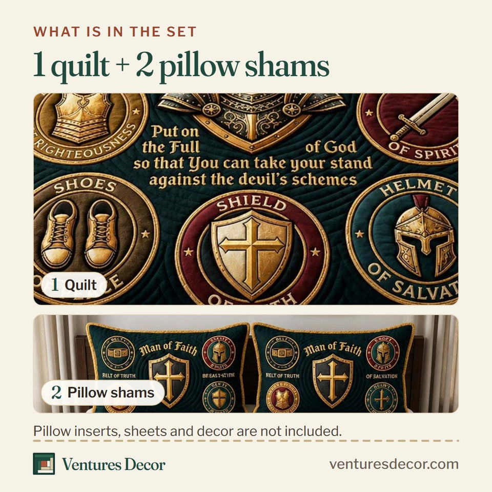 What is in the set: one quilt and two pillow shams, shown in the Rose Armor Maiden design