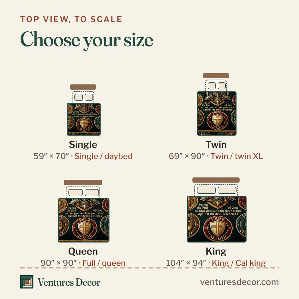 Size guide for the Rose Armor Maiden quilt, top view to scale: Single 59 x 70 in, Twin 69 x 90 in, Queen 90 x 90 in, King 104 x 94 in