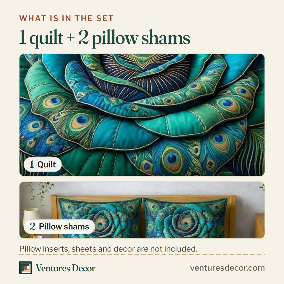 What is in the set: one quilt and two pillow shams, shown in the Rose Bloom Peacock Teal Petals design