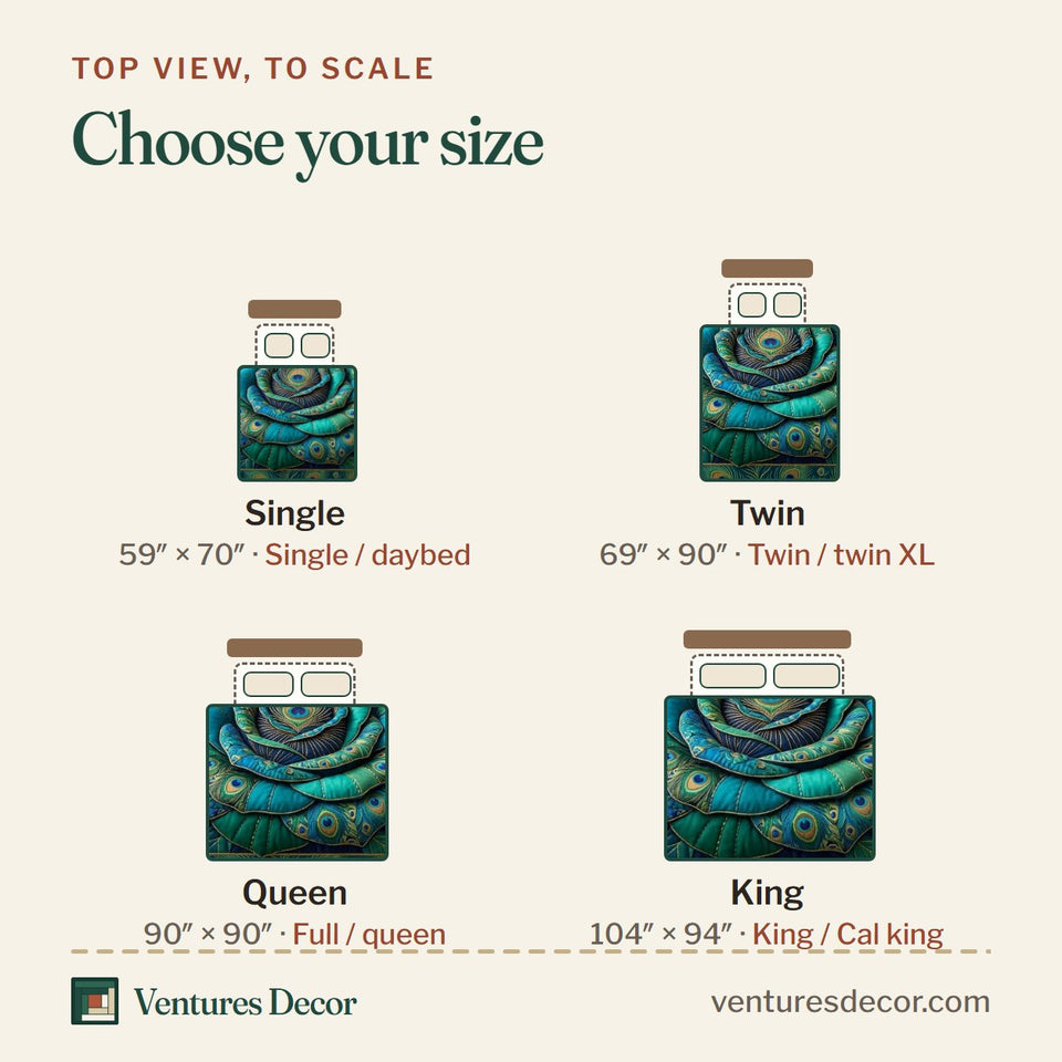 Size guide for the Rose Bloom Peacock Teal Petals quilt, top view to scale: Single 59 x 70 in, Twin 69 x 90 in, Queen 90 x 90 in, King 104 x 94 in