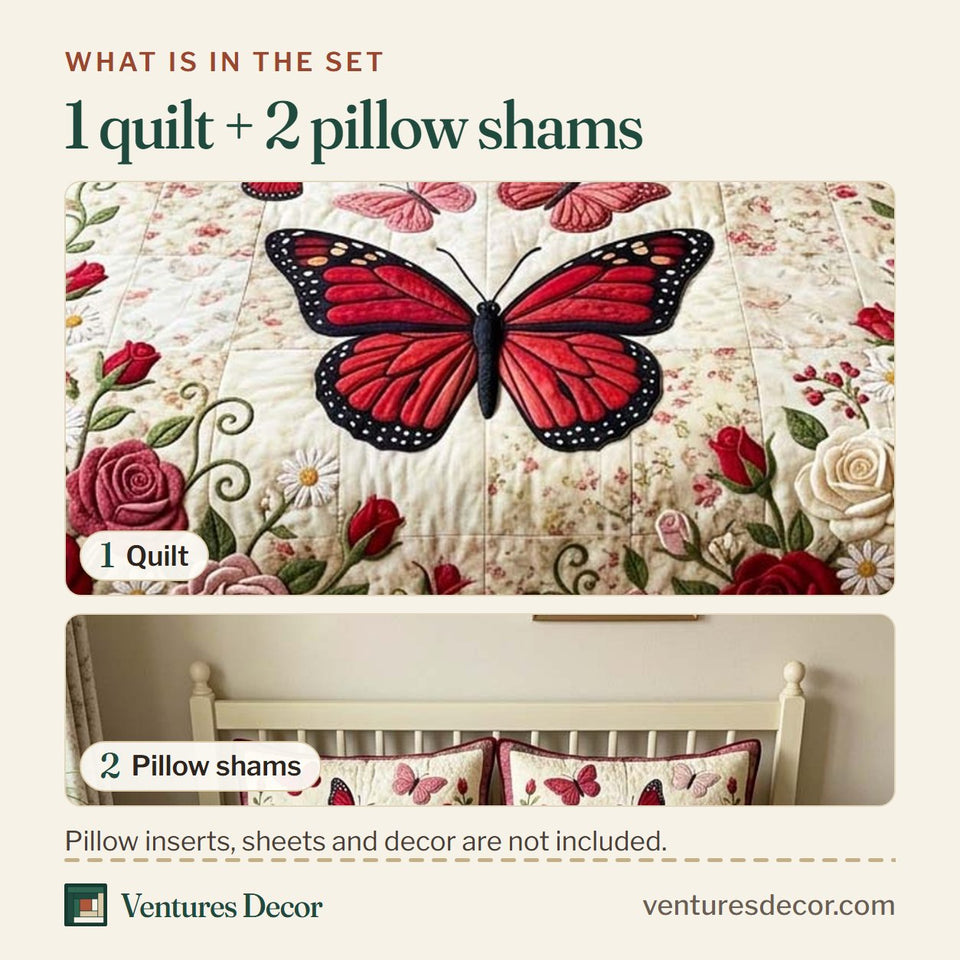 What is in the set: one quilt and two pillow shams, shown in the Rose Butterfly design