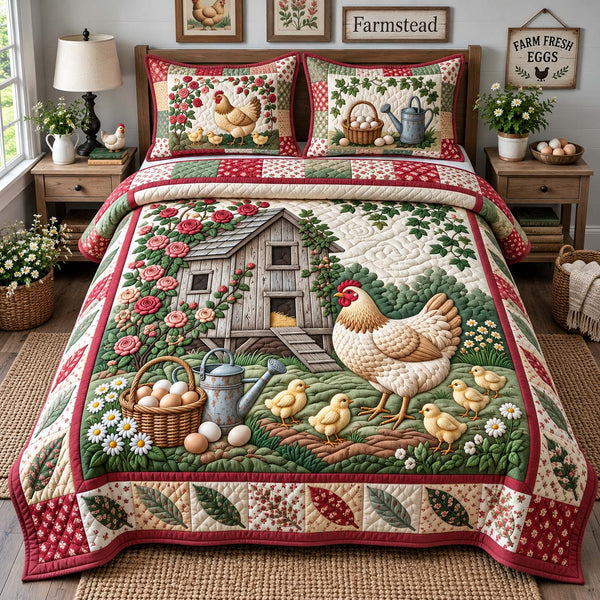 Rose Garden Hen quilted bedding set, quilt and two pillow shams on a made bed