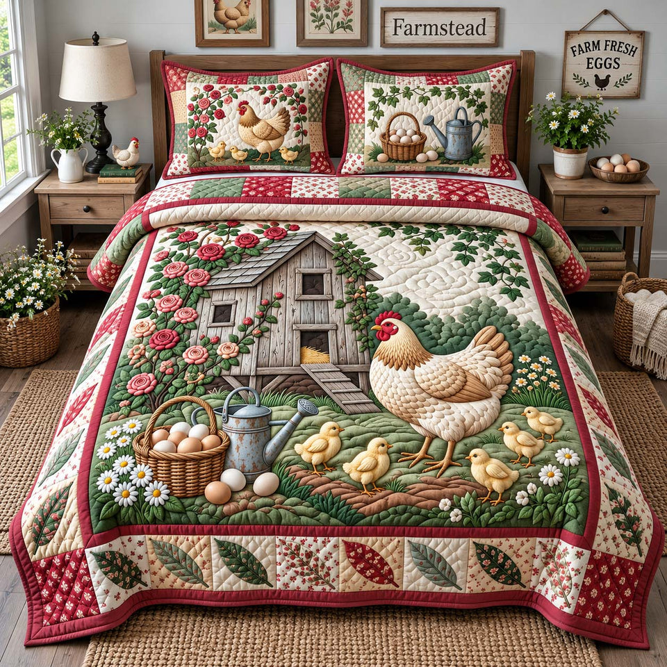 Rose Garden Hen quilted bedding set, quilt and two pillow shams on a made bed