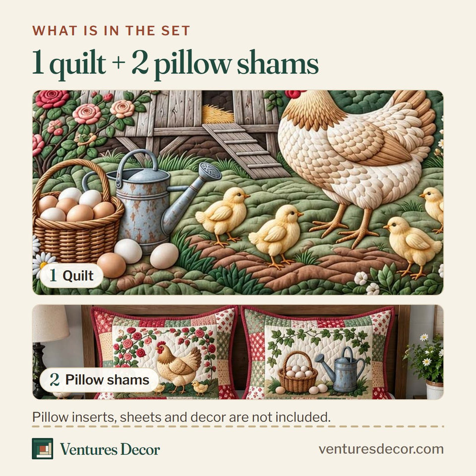 What is in the set: one quilt and two pillow shams, shown in the Rose Garden Hen Quilt Set, 3-Piece Quilted Bedding with 2 Pillow Shams design