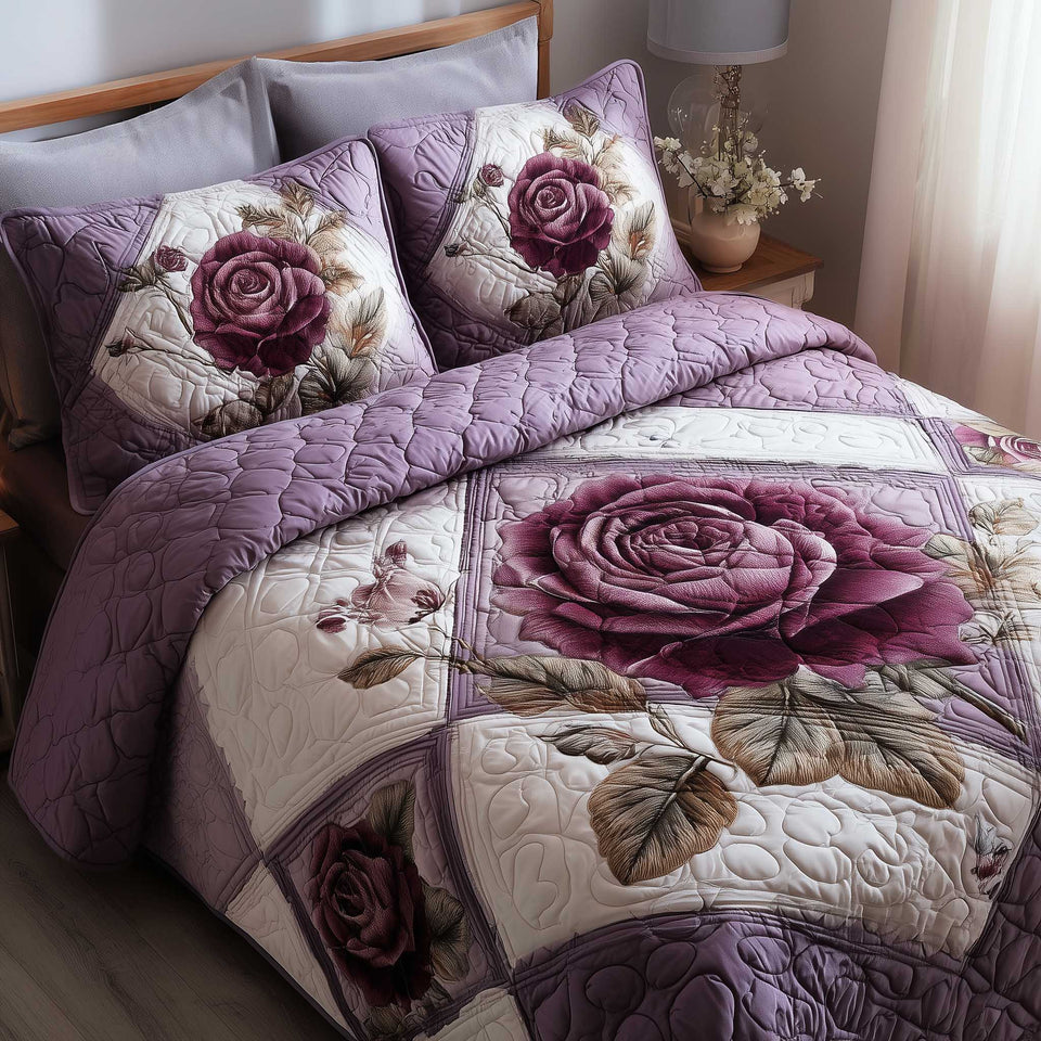 Rose Garden Lavender Petals Soft Panels quilted bedding set, quilt and two pillow shams on a made bed