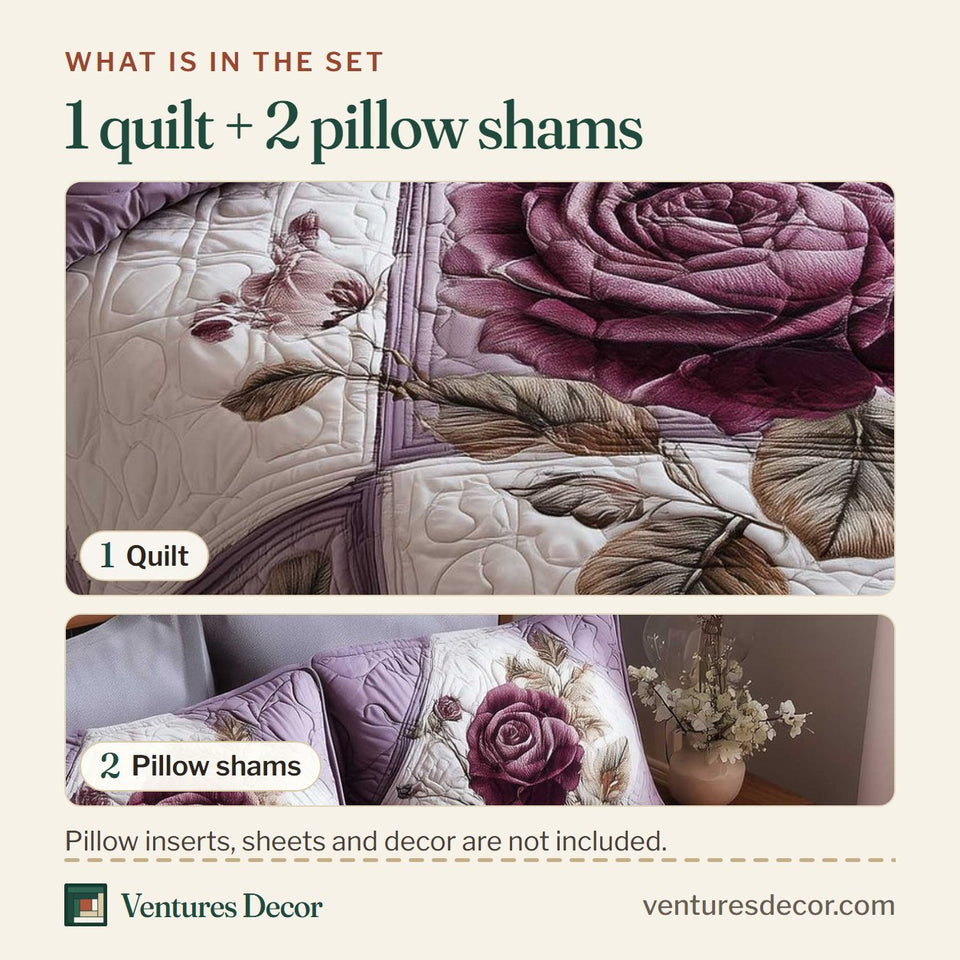 What is in the set: one quilt and two pillow shams, shown in the Rose Garden Lavender Petals Soft Panels design