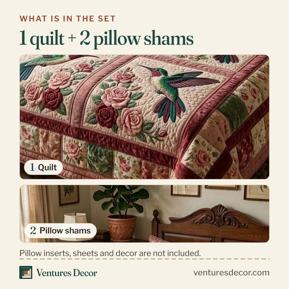 What is in the set: one quilt and two pillow shams, shown in the Rose Humming design