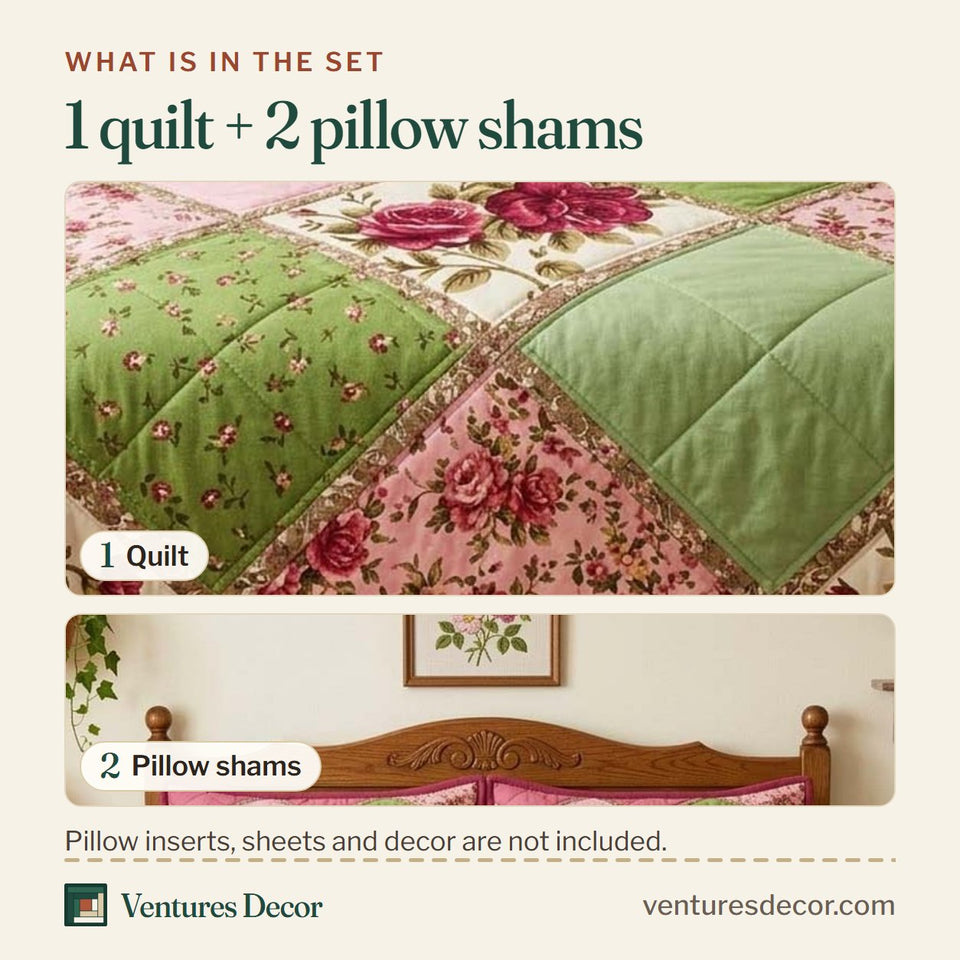What is in the set: one quilt and two pillow shams, shown in the Rose Patchwork Pink and Green Diamonds design