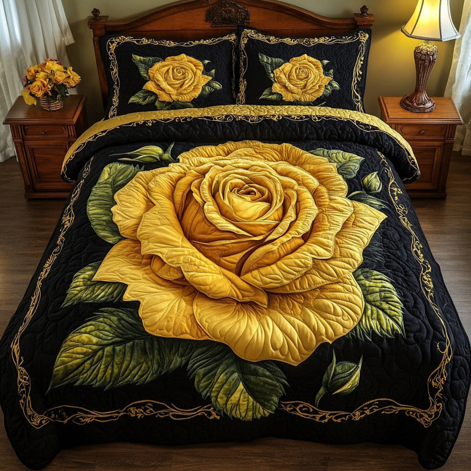 Rose quilted bedding set, quilt and two pillow shams on a made bed