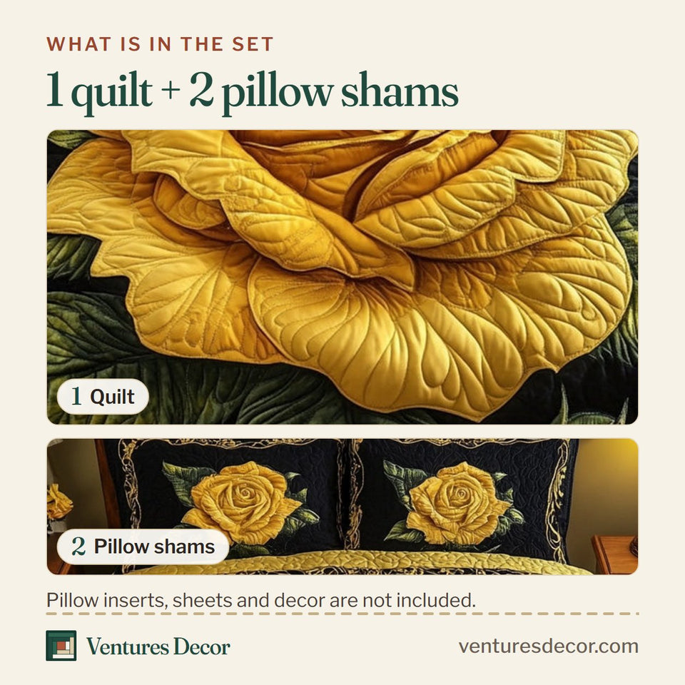 What is in the set: one quilt and two pillow shams, shown in the Rose design
