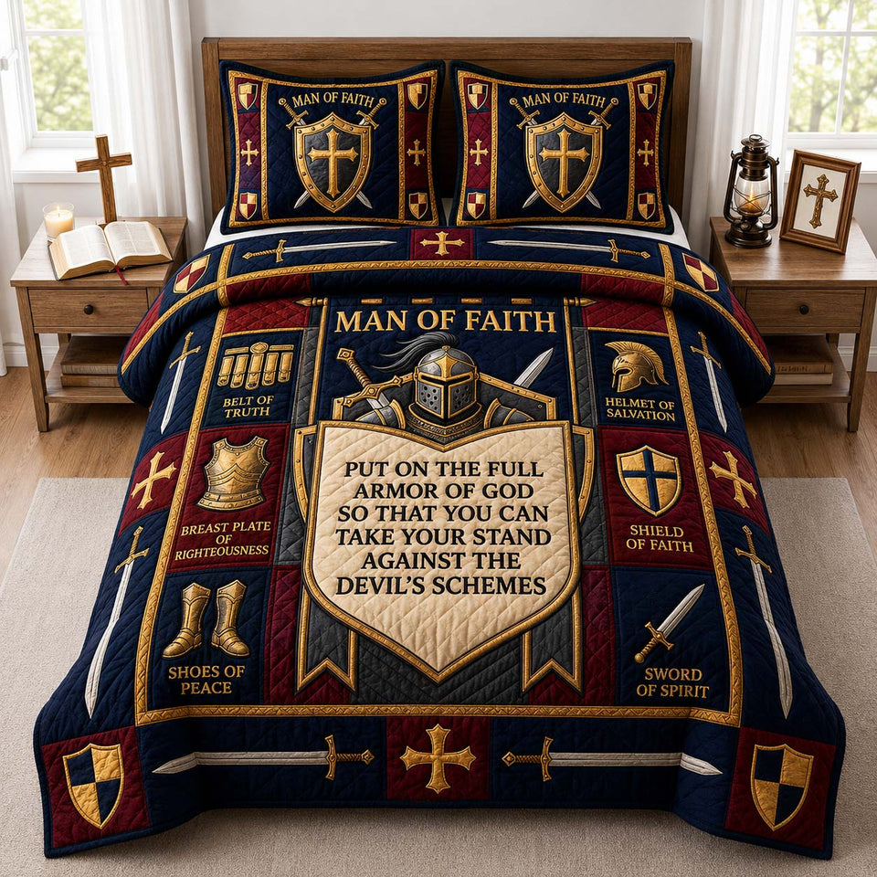Rose Shield Grace quilted bedding set, quilt and two pillow shams on a made bed