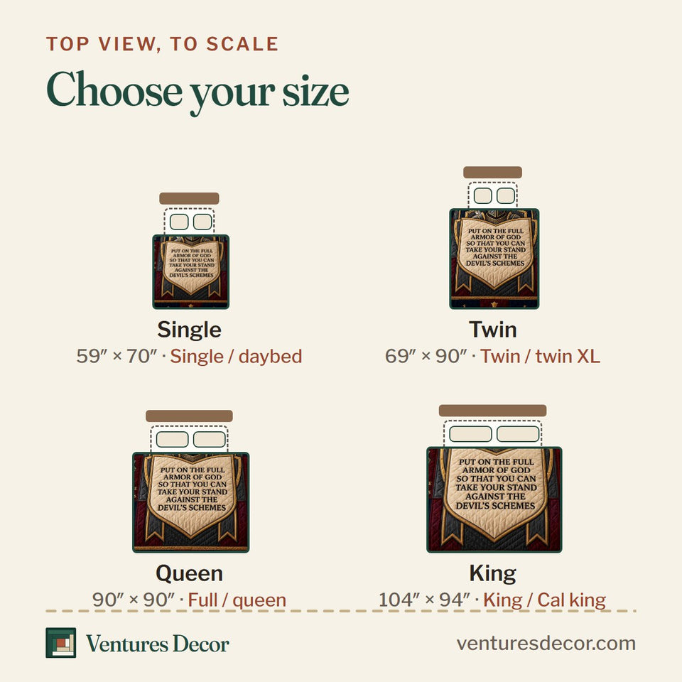 Size guide for the Rose Shield Grace quilt, top view to scale: Single 59 x 70 in, Twin 69 x 90 in, Queen 90 x 90 in, King 104 x 94 in