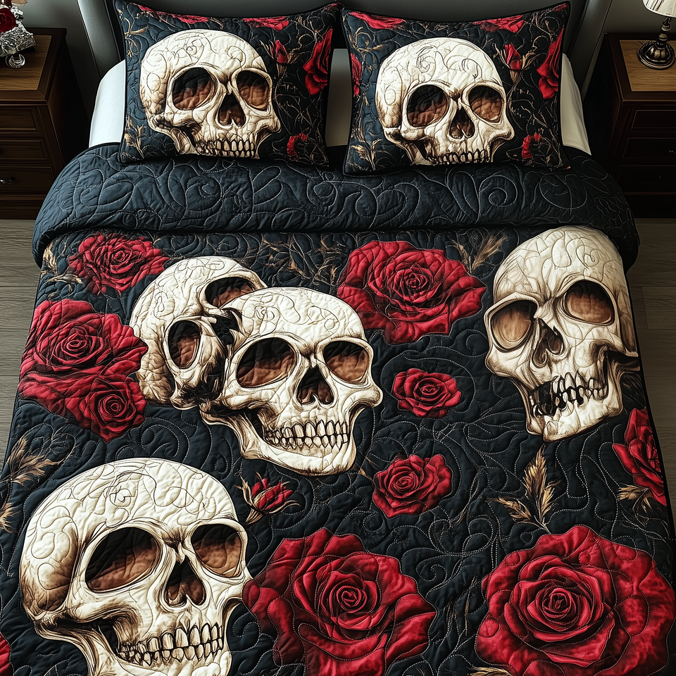 Rose Skulls quilted bedding set, quilt and two pillow shams on a made bed
