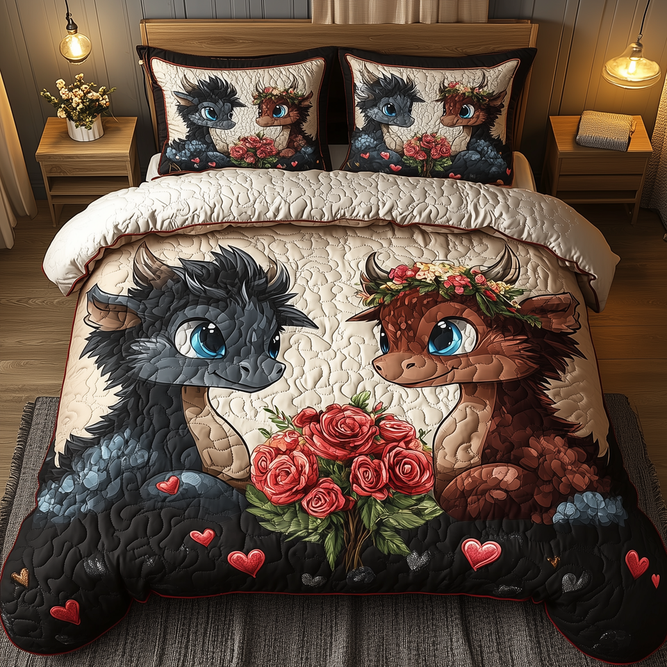 Rosebound Dragon Pair quilted bedding set, quilt and two pillow shams on a made bed
