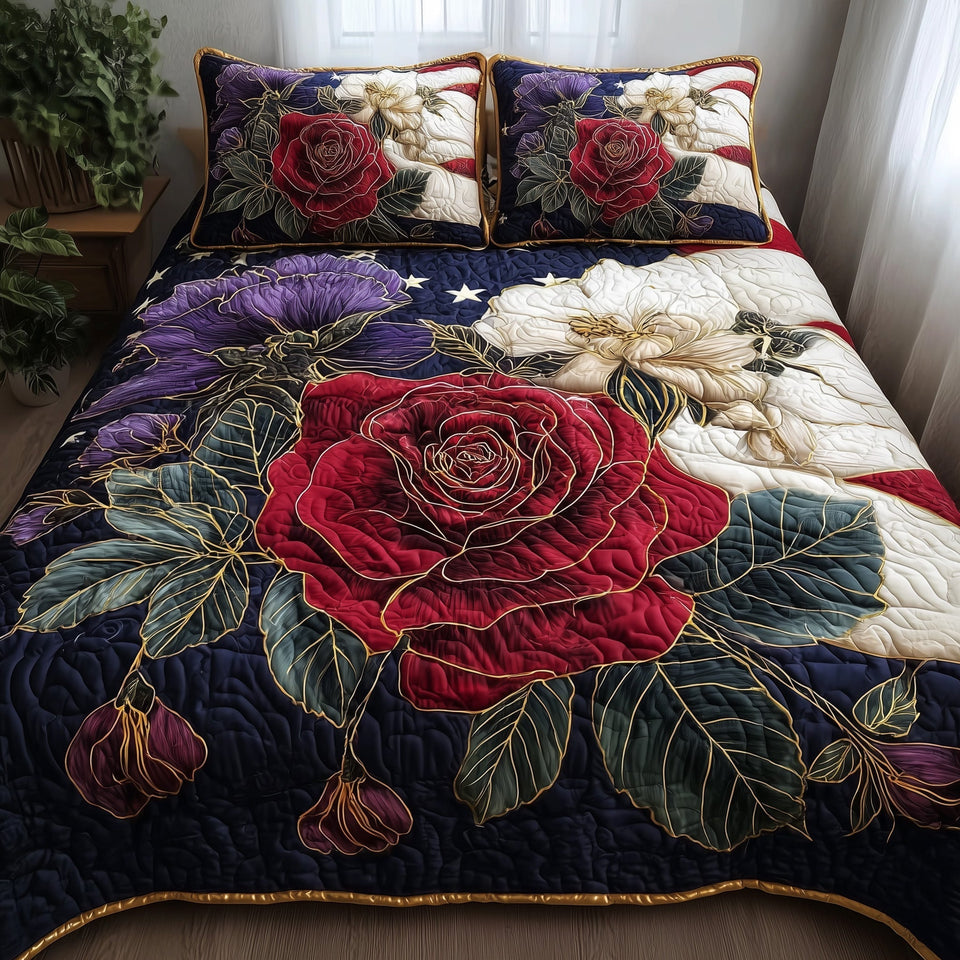 Roses quilted bedding set, quilt and two pillow shams on a made bed