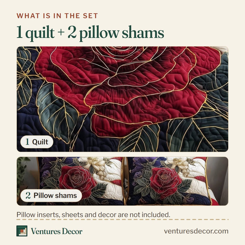 What is in the set: one quilt and two pillow shams, shown in the Roses design