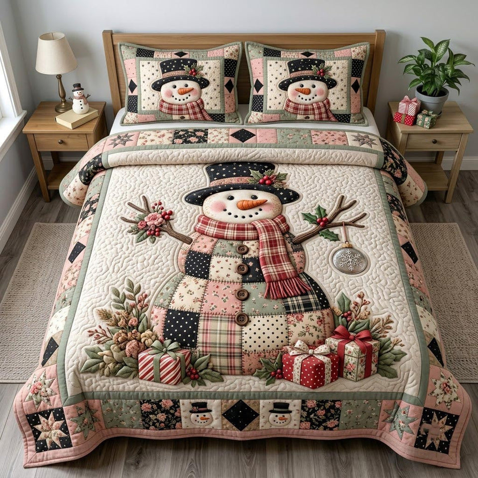 Rosy Patchwork Snowman quilted bedding set, quilt and two pillow shams on a made bed