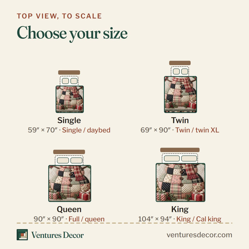 Size guide for the Rosy Patchwork Snowman quilt, top view to scale: Single 59 x 70 in, Twin 69 x 90 in, Queen 90 x 90 in, King 104 x 94 in