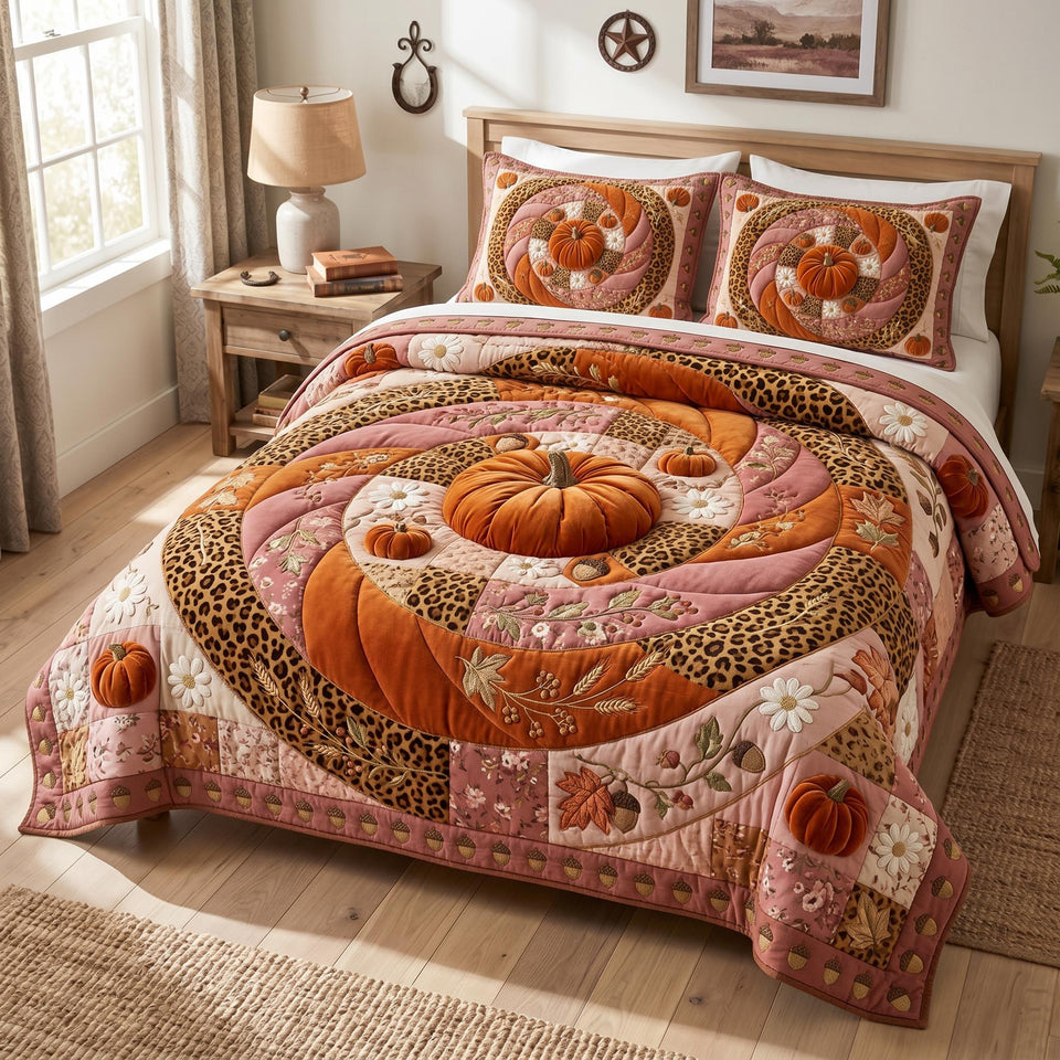 Rosy Pumpkin Swirl quilted bedding set, quilt and two pillow shams on a made bed