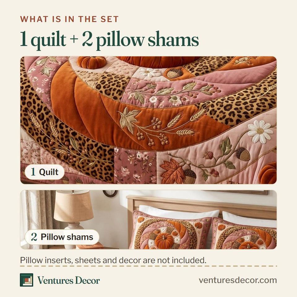 What is in the set: one quilt and two pillow shams, shown in the Rosy Pumpkin Swirl design