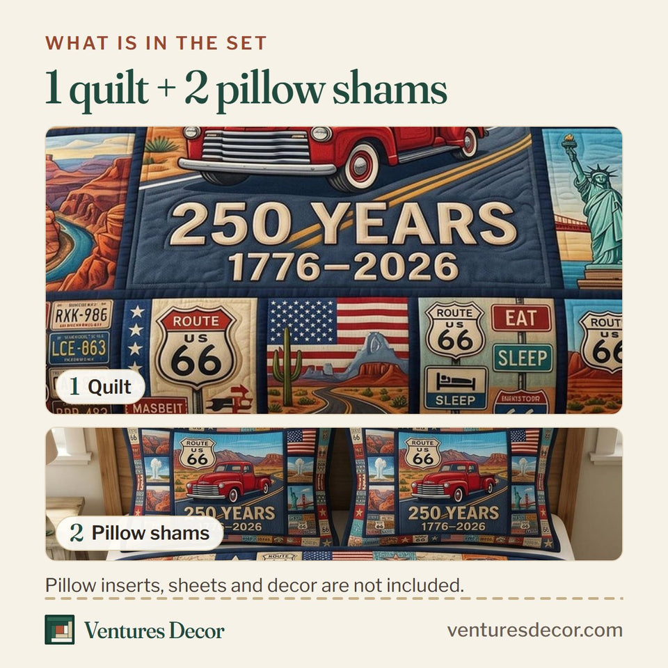What is in the set: one quilt and two pillow shams, shown in the Route 66 Anniversary Stamp Collage design