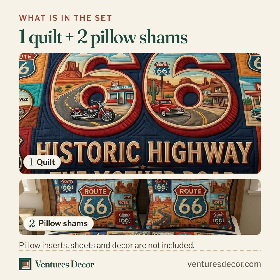What is in the set: one quilt and two pillow shams, shown in the Route 66 Bold Navy Signboard design