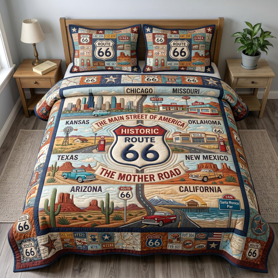 Route 66 Cross Country State Map quilted bedding set, quilt and two pillow shams on a made bed