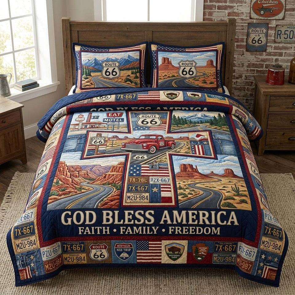 Route 66 Faith quilted bedding set, quilt and two pillow shams on a made bed