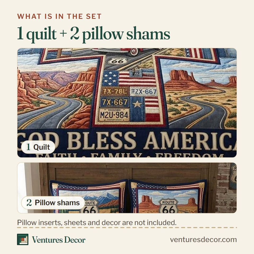 What is in the set: one quilt and two pillow shams, shown in the Route 66 Faith design