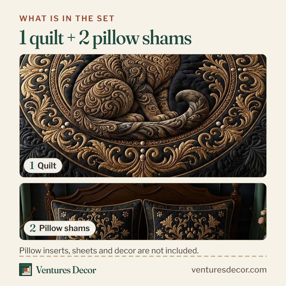 What is in the set: one quilt and two pillow shams, shown in the Royal Baroque Cat design