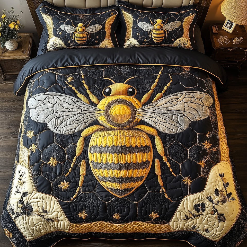 Royal Bee Clear Wings Among Stars quilted bedding set, quilt and two pillow shams on a made bed