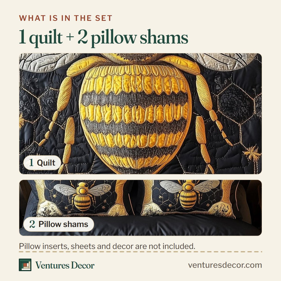 What is in the set: one quilt and two pillow shams, shown in the Royal Bee Clear Wings Among Stars design