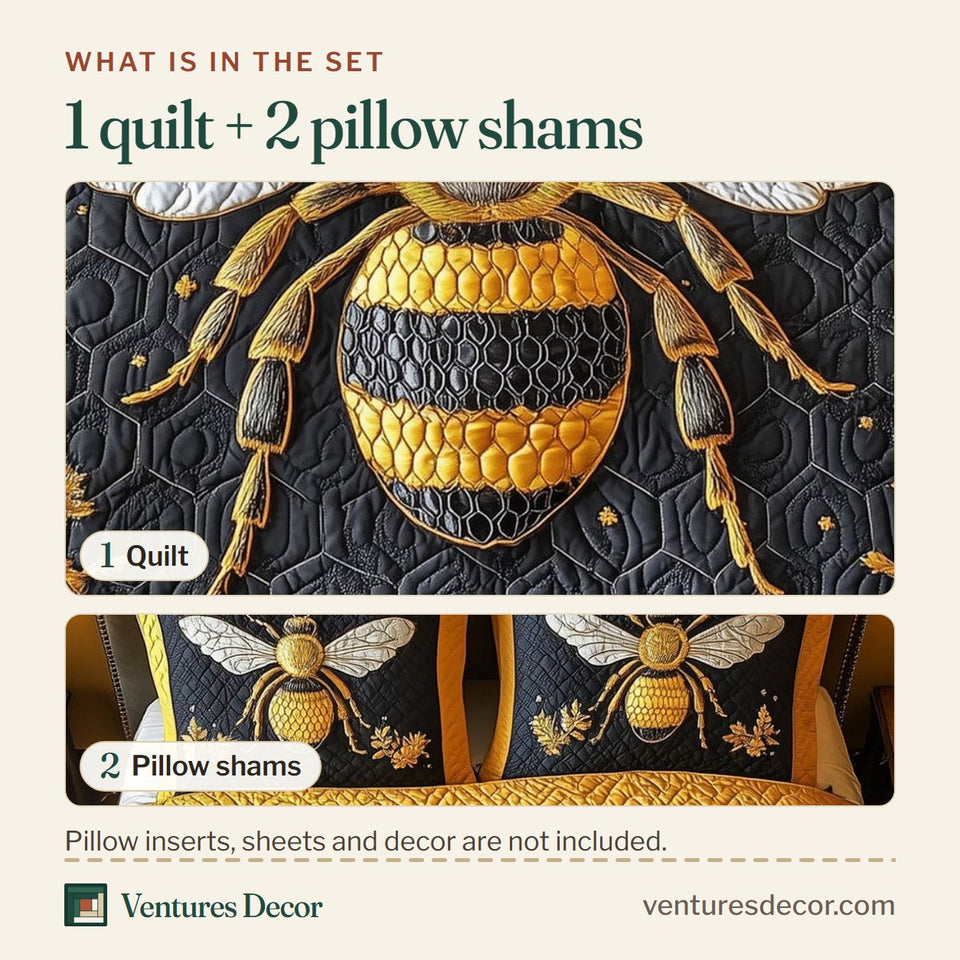What is in the set: one quilt and two pillow shams, shown in the Royal Bee White Wings and Gilt Florals design