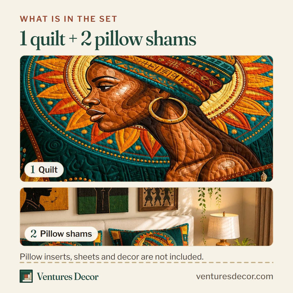 What is in the set: one quilt and two pillow shams, shown in the Royal Black Queen design