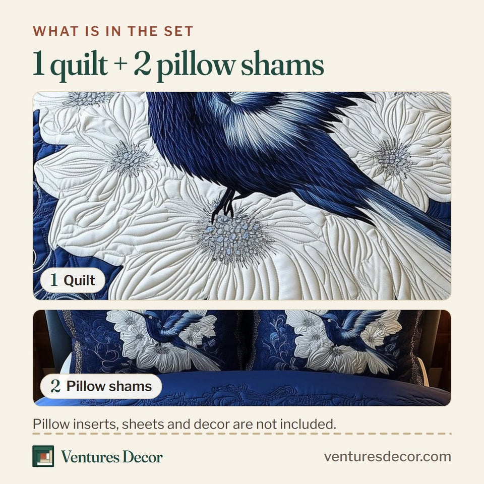 What is in the set: one quilt and two pillow shams, shown in the Royal Blue Hummingbird design