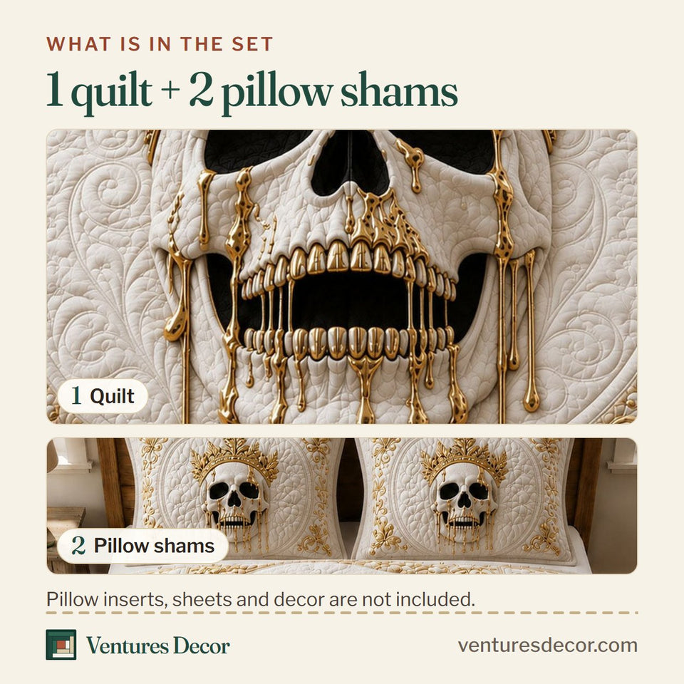 What is in the set: one quilt and two pillow shams, shown in the Royal Cream Skull design