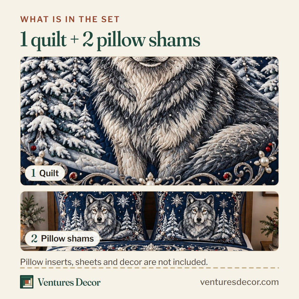 What is in the set: one quilt and two pillow shams, shown in the Royal Frost Wolf design