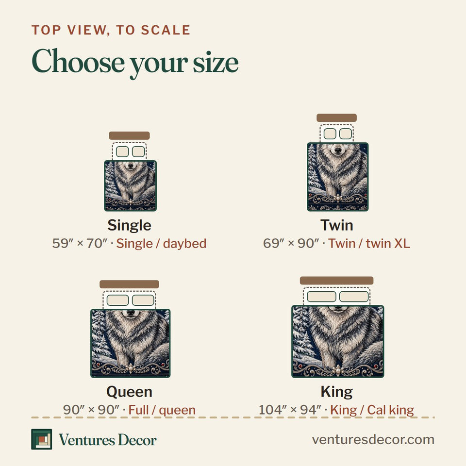 Size guide for the Royal Frost Wolf quilt, top view to scale: Single 59 x 70 in, Twin 69 x 90 in, Queen 90 x 90 in, King 104 x 94 in